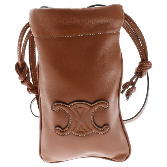 Celine Shoulder Pouch Triomphe Drawstring Brown Mobile Leather Cuir Bag - Picture 1 of 5